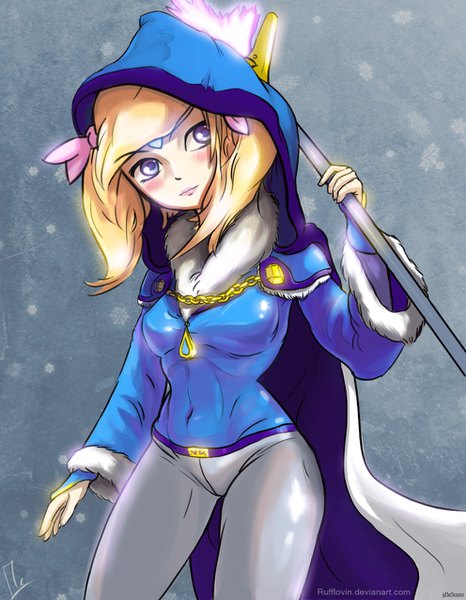 Anime picture 992x1276 with dota 2 (game) rylai crestfall (dota 2) rufflovin single tall image blush fringe short hair breasts blonde hair purple eyes holding looking away fur trim covered navel girl bow hair bow fur cape