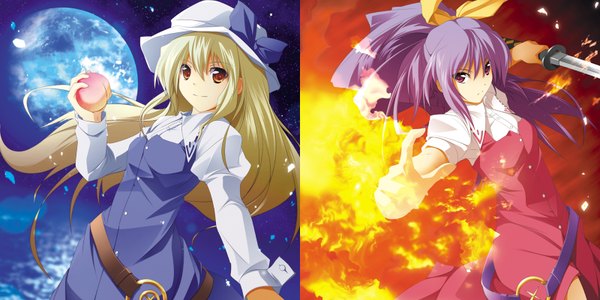 Anime picture 1600x800 with touhou watatsuki no yorihime watatsuki no toyohime zb (artist) long hair blonde hair red eyes wide image multiple girls blue hair orange eyes multiview girl weapon 2 girls sword katana moon fire peach