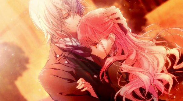 Anime picture 1280x709 with wand of fortune wand of fortune 2 idea factory lulu (wand of fortune) salo-mon (wand of fortune) usuba kagerou long hair short hair wide image pink hair white hair scan grey eyes orange eyes couple hug evening sunset girl boy