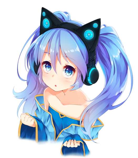 Anime picture 700x800 with league of legends axent wear headphones sona buvelle repachi (sicp) single long hair tall image looking at viewer blush open mouth blue eyes simple background white background twintails bare shoulders animal ears blue hair from above loli alternate age