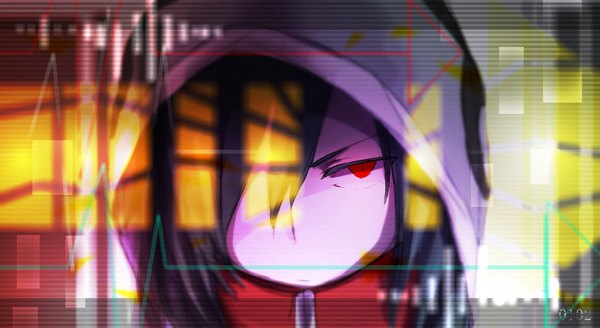 Anime picture 1000x547 with kagerou project shaft (studio) kido tsubomi natsu-san single long hair looking at viewer fringe black hair red eyes wide image hair over one eye close-up face girl hood