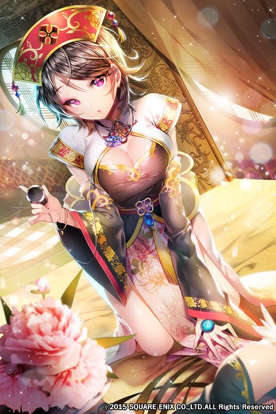 Anime picture 588x881 with original aile (crossroads) single tall image looking at viewer short hair black hair purple eyes cleavage girl dress hair ornament flower (flowers) detached sleeves bed stethoscope