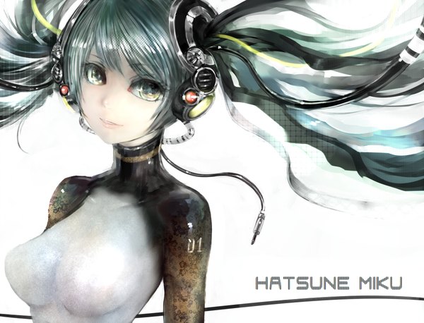 Anime picture 1022x781 with vocaloid vocaloid append hatsune miku hatsune miku (append) akubi (artist) single long hair breasts simple background white background twintails yellow eyes light smile lips aqua hair girl wire (wires)
