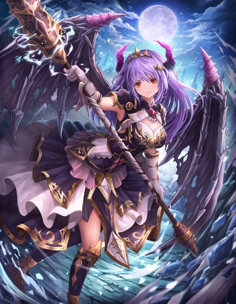 Anime picture 1050x1350 with original lunacle single long hair tall image looking at viewer fringe breasts hair between eyes red eyes holding sky cleavage purple hair cloud (clouds) horn (horns) night leaning leaning forward night sky