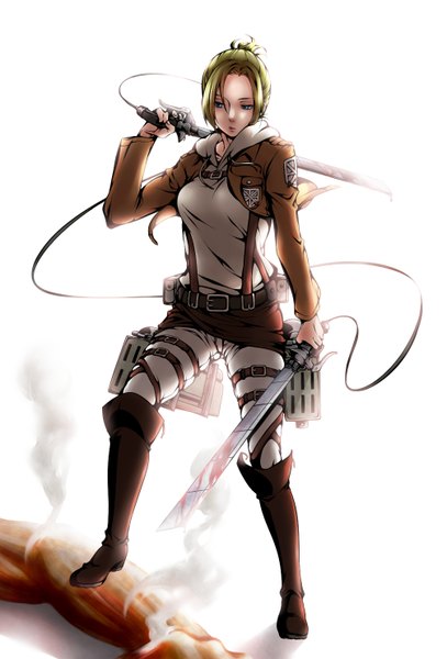 Anime picture 1005x1482 with shingeki no kyojin production i.g annie leonhart marichi single tall image blonde hair simple background white background holding looking away steam dual wielding weapon over shoulder giant girl weapon sword boots belt