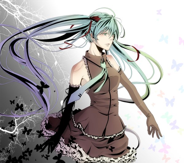 Anime picture 1292x1143 with vocaloid hatsune miku single long hair fringe twintails bare shoulders aqua eyes hair over one eye aqua hair girl gloves necktie elbow gloves insect butterfly