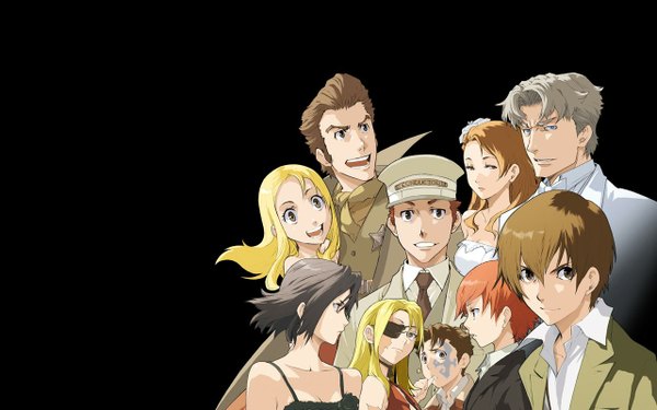 Anime picture 1280x800 with baccano! chane laforet firo prochainezo claire stanfield miria harvent isaac dian jacuzzi splot nice holystone ennis ladd russo lua klein black hair blonde hair brown hair wide image silver hair red hair tattoo black background scar