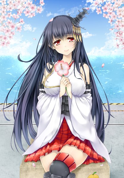 Anime picture 800x1150 with kantai collection yamashiro battleship rayn long hair tall image blush black hair smile red eyes sitting sky cloud (clouds) girl thighhighs hair ornament flower (flowers) black thighhighs detached sleeves petals