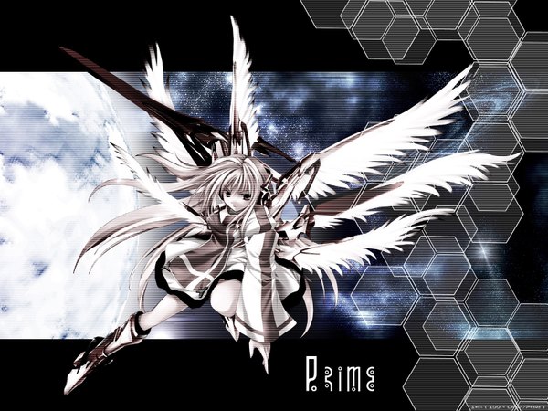 Anime picture 1600x1200 with single long hair looking at viewer blonde hair mecha musume girl weapon wings