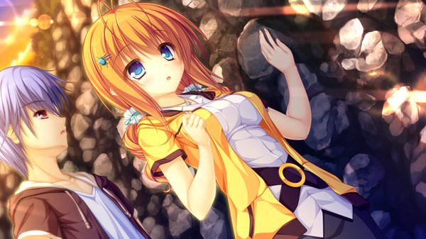 Anime picture 1920x1080 with kujiragami no tearstilla kamitouno ena mikagami mamizu long hair blush highres short hair open mouth blue eyes blonde hair wide image blue hair game cg couple girl boy