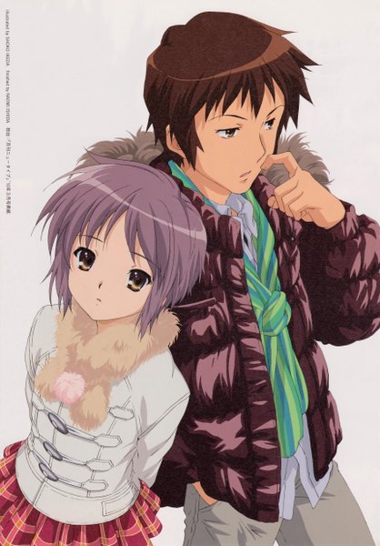 Anime picture 3445x4941 with suzumiya haruhi no yuutsu kyoto animation nagato yuki kyon tall image looking at viewer highres short hair simple background brown hair brown eyes yellow eyes absurdres grey hair scan grey background open clothes open jacket couple plaid skirt