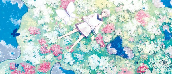 Anime picture 1207x519 with original amemura single short hair blue eyes wide image cloud (clouds) white hair lying barefoot reflection boy flower (flowers) water insect butterfly