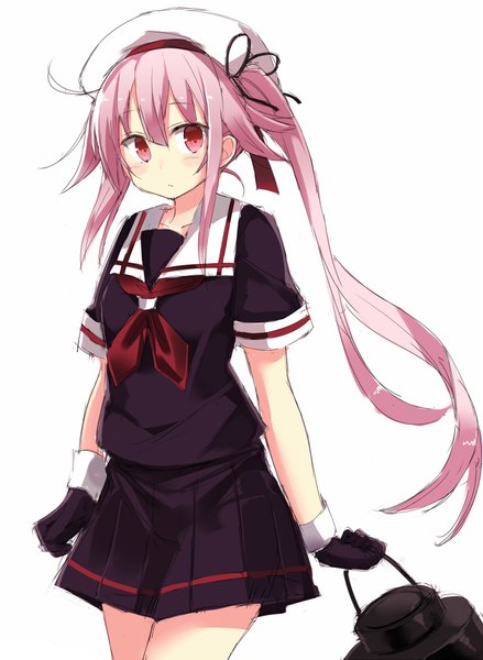 Anime picture 731x1000 with kantai collection harusame destroyer kuhotaka single long hair tall image blush simple background white background looking away pink hair ahoge ponytail pink eyes side ponytail girl gloves uniform black gloves serafuku