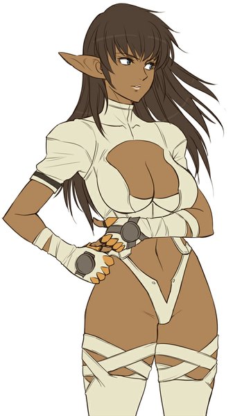Anime picture 600x1030 with bastard!! arshes nei gus (clarkii) single long hair tall image light erotic simple background brown hair white background looking away cleavage pointy ears grey eyes dark skin girl thighhighs gloves navel white thighhighs