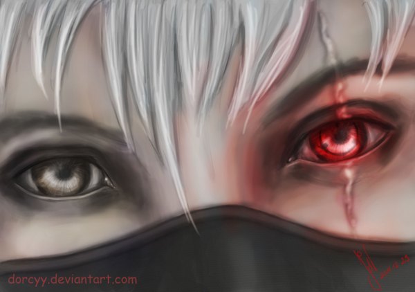 Anime picture 2480x1748 with naruto studio pierrot naruto (series) hatake kakashi dorcyy single highres short hair signed silver hair heterochromia scar close-up sharingan boy mask