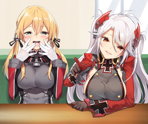 Anime picture 1200x1000 with kantai collection azur lane prinz eugen (azur lane) prinz eugen (kantai collection) yappen long hair looking at viewer blush fringe breasts open mouth light erotic blonde hair smile hair between eyes large breasts twintails multiple girls brown eyes silver hair