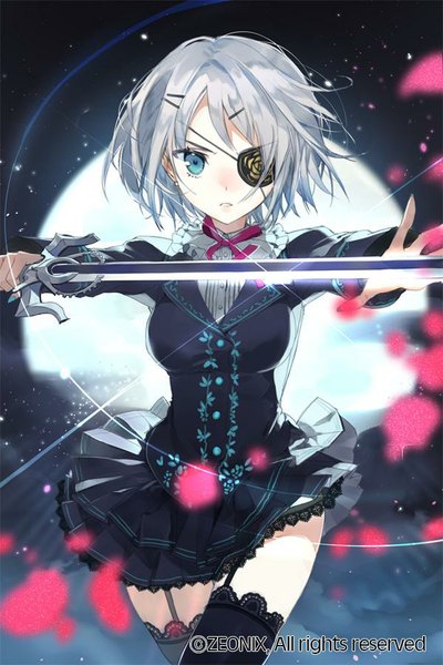 Anime picture 600x900 with sword girls iri flina macciatto (aciel02) single tall image looking at viewer fringe short hair blue eyes light erotic silver hair outdoors parted lips pleated skirt aqua eyes wind blurry night night sky crossed legs