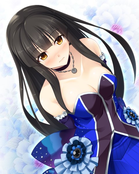 Anime picture 960x1200 with idolmaster idolmaster cinderella girls kurokawa chiaki cf-x (oceanus com) single long hair tall image looking at viewer blush black hair bare shoulders brown eyes girl dress gloves elbow gloves