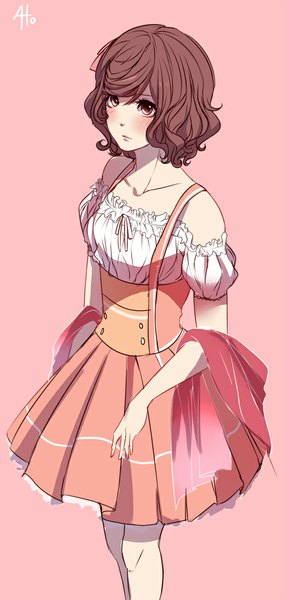 Anime picture 477x1000 with ahoguu single tall image blush short hair simple background brown hair pink eyes pink background girl dress