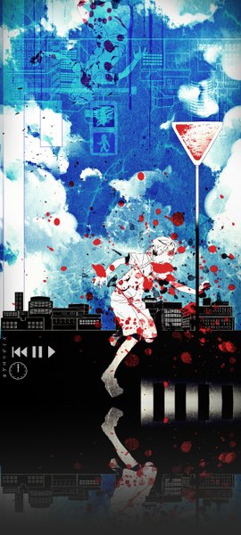 Anime picture 1200x2660 with kagerou project shaft (studio) kagerou days (vocaloid) amamiya hibiya keishi tall image highres short hair sky city upside down boy blood traffic sign traffic lights sign