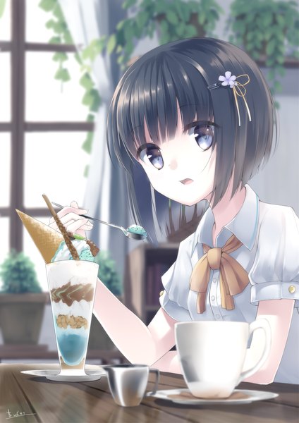 Anime picture 868x1228 with original makadamia single tall image looking at viewer fringe short hair open mouth blue eyes black hair girl plant (plants) shirt food white shirt sweets ice cream parfait