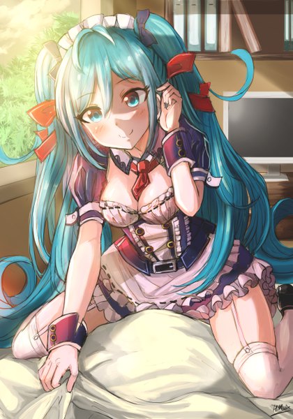 Anime picture 3500x5000 with vocaloid hatsune miku hmax single tall image blush fringe highres breasts light erotic smile hair between eyes sitting twintails signed payot looking away absurdres cleavage ahoge