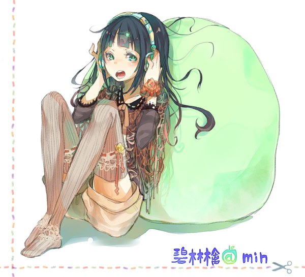 Anime picture 1100x1000 with original nora (kukumaka23) single long hair looking at viewer blush fringe open mouth black hair simple background sitting green eyes inscription hieroglyph striped hands on head girl thighhighs shorts bracelet