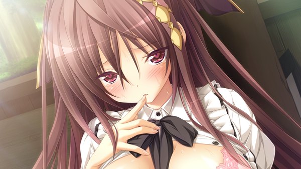 Anime picture 1280x720 with chrono clock jounouchi makoto koku single long hair looking at viewer blush fringe breasts light erotic red eyes brown hair wide image large breasts game cg fingernails finger to mouth girl lingerie bra