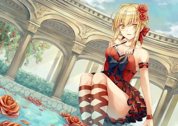 Anime picture 2046x1446 with fate (series) fate/extra nero claudius (fate) (all) nero claudius (fate) saijou haruki single looking at viewer fringe highres short hair open mouth light erotic blonde hair sitting bare shoulders green eyes payot sky cleavage ahoge