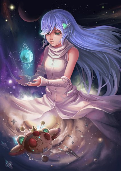 Anime picture 886x1251 with original dantewontdie tall image green eyes blue hair tears space girl dress hair ornament detached sleeves star (stars) planet spacecraft