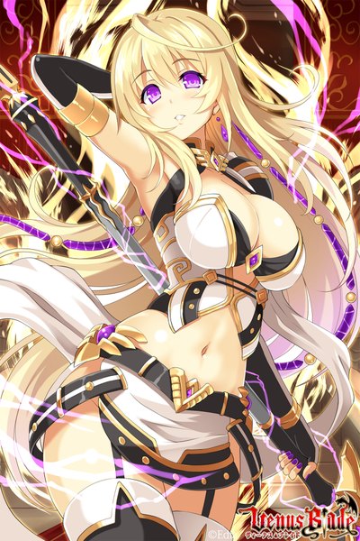 Anime picture 1280x1920 with venus blade hisenkaede single long hair tall image looking at viewer blush breasts light erotic blonde hair large breasts purple eyes cleavage lightning girl skirt navel miniskirt
