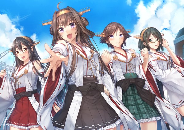 Anime picture 1980x1400 with kantai collection kongou battleship haruna battleship kirishima battleship hiei battleship luzi (coffee-straw-luzi) long hair looking at viewer blush highres short hair open mouth blue eyes black hair brown hair purple eyes multiple girls sky cloud (clouds) girl