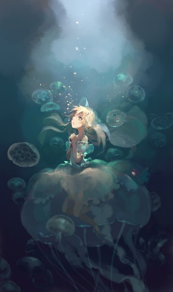 Anime picture 1366x2293 with original wakatsuki (etoiles) single long hair tall image fringe open mouth blue eyes blonde hair bare shoulders barefoot bare legs no shoes puffy sleeves looking up underwater girl dress water transparent clothing