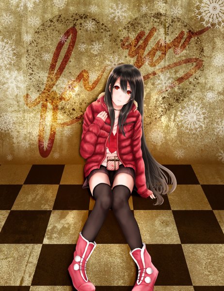 Anime picture 1100x1427 with original kentaurosu single long hair tall image looking at viewer black hair red eyes checkered floor girl thighhighs skirt black thighhighs miniskirt jacket boots