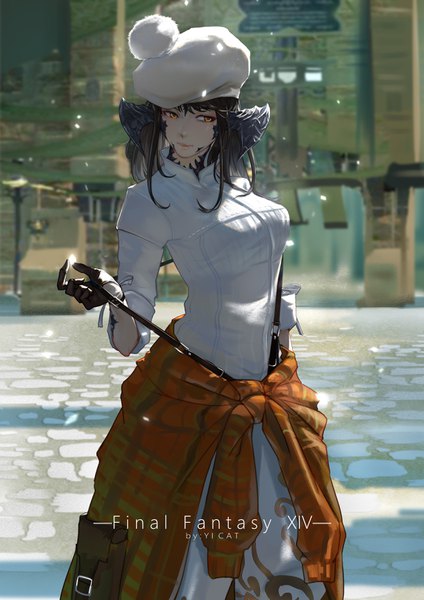 Anime picture 2480x3508 with final fantasy final fantasy xiv square enix au ra yi cat single tall image highres short hair black hair signed yellow eyes looking away outdoors horn (horns) copyright name clothes around waist girl gloves black gloves