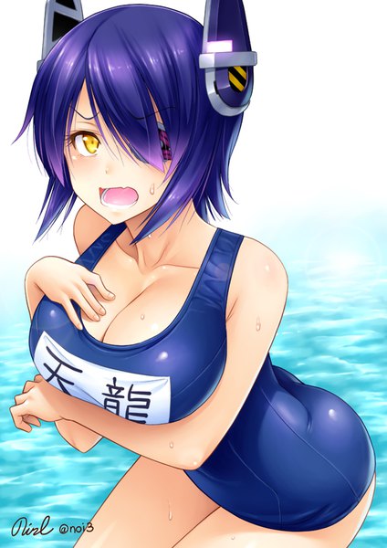 Anime picture 573x810 with kantai collection tenryuu light cruiser noise (tsuzuki) single tall image looking at viewer blush fringe short hair breasts open mouth light erotic large breasts signed yellow eyes cleavage purple hair hair over one eye hand on chest breast hold