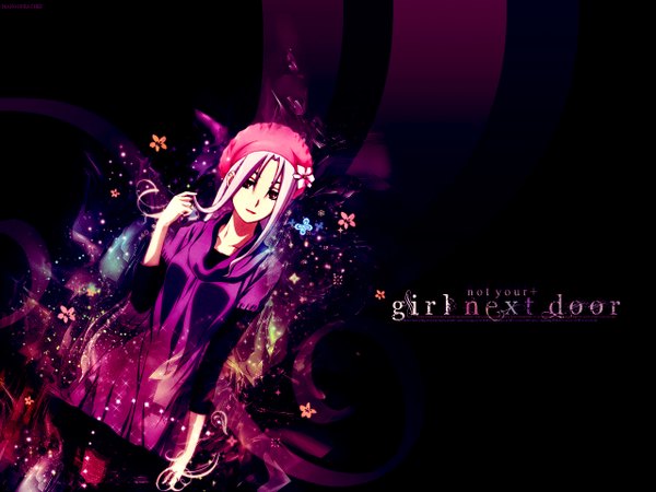 Anime picture 1280x960 with ga-rei zero single long hair looking at viewer blonde hair inscription black background girl dress flower (flowers) beret