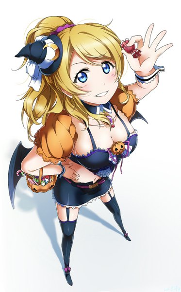 Anime picture 879x1411 with love live! school idol project sunrise (studio) love live! ayase eli shiimai single long hair tall image looking at viewer blush breasts open mouth blue eyes light erotic blonde hair simple background smile large breasts standing white background