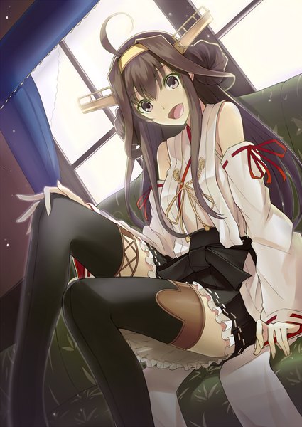 Anime picture 1200x1694 with kantai collection kongou battleship kauto single long hair tall image looking at viewer open mouth brown hair brown eyes ahoge nontraditional miko girl thighhighs hair ornament black thighhighs detached sleeves window couch