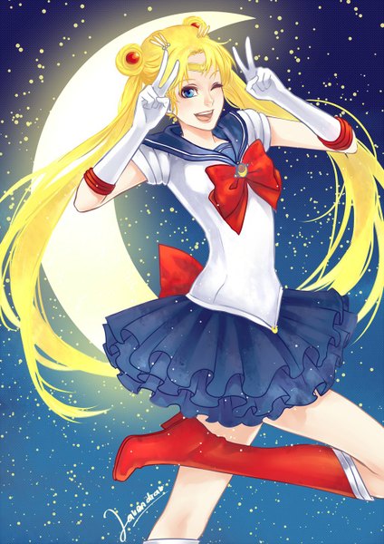 Anime picture 1024x1448 with bishoujo senshi sailor moon toei animation tsukino usagi sailor moon ainlavendra (artist) single long hair tall image blue eyes blonde hair twintails pleated skirt one eye closed wink night hair bun (hair buns) night sky crescent girl skirt