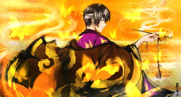 Anime picture 1600x860 with gintama sunrise (studio) takasugi shinsuke single looking at viewer short hair open mouth black hair smile wide image traditional clothes black eyes inscription smoking bandage over one eye boy insect butterfly pipe kiseru