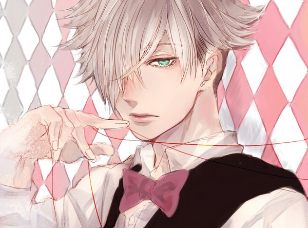 Anime picture 1000x740 with death parade madhouse decim (death parade) aries single looking at viewer fringe short hair green eyes silver hair upper body lips hair over one eye rhombus boy shirt white shirt bowtie vest thread