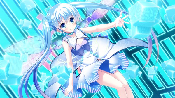Anime picture 2560x1440 with cocoro@function! beru (cocoro@function) long hair blush highres blue eyes wide image twintails game cg silver hair girl dress cube