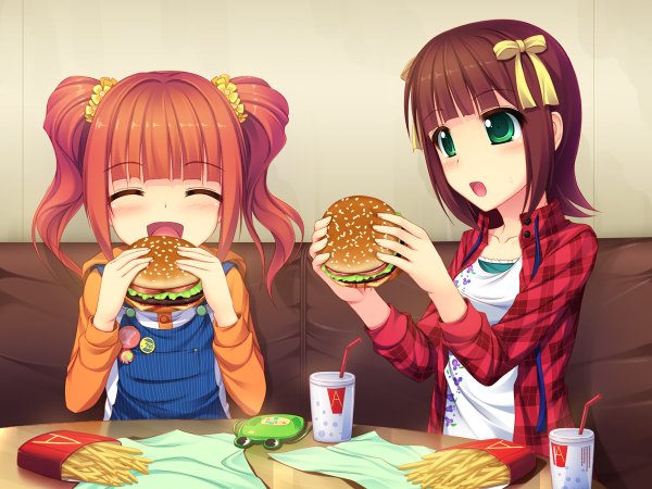 Anime picture 1200x900 with idolmaster amami haruka takatsuki yayoi kageira blush short hair open mouth brown hair twintails multiple girls green eyes eyes closed orange hair short twintails eating girl bow 2 girls hair bow disposable cup