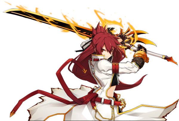 Anime picture 2100x1420 with elsword elesis (elsword) blazing heart (elsword) ress single long hair looking at viewer fringe highres red eyes standing holding red hair official art glowing transparent background fighting stance girl gloves weapon