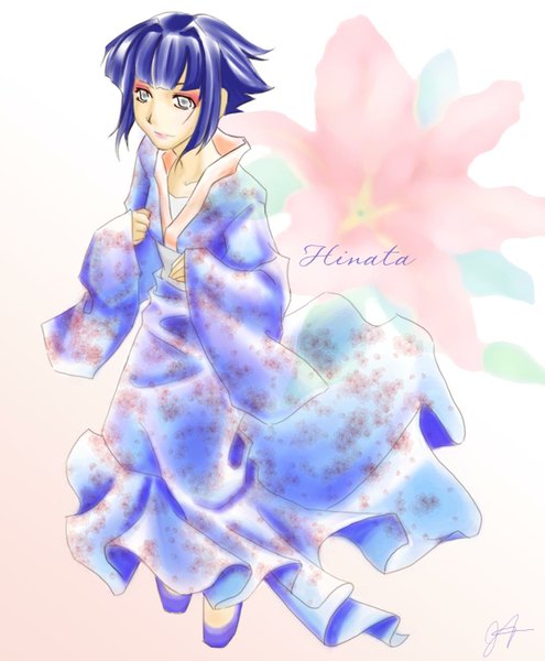 Anime picture 1238x1500 with naruto studio pierrot naruto (series) hyuuga hinata single tall image short hair simple background purple hair japanese clothes silver eyes girl flower (flowers) kimono