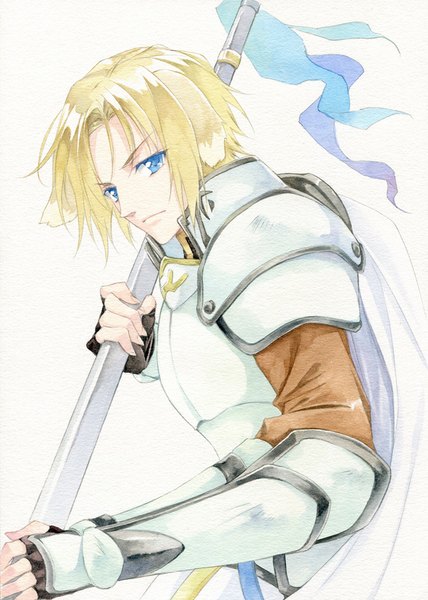 Anime picture 700x980 with dog days rolan martinozzi agahari single tall image short hair blue eyes blonde hair animal ears looking away traditional media dog ears watercolor (medium) boy gloves armor fingerless gloves cape