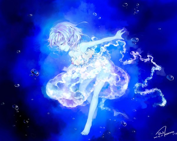 Anime picture 1316x1054 with original pixiv dark.h single short hair breasts smile eyes closed multicolored hair barefoot light smile legs wet clothes underwater girl dress water bubble (bubbles)