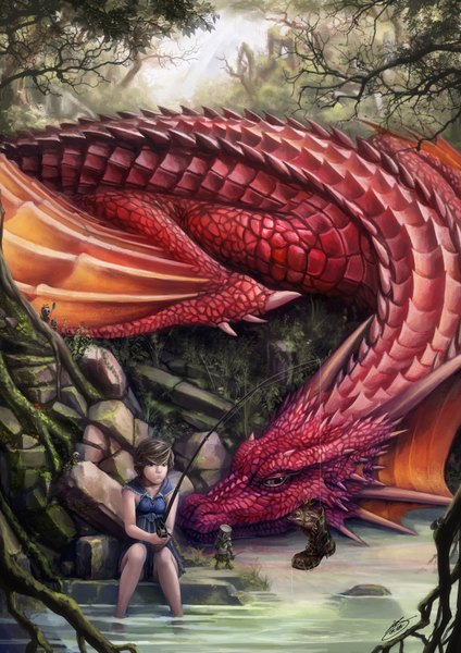 Anime picture 1280x1810 with okita tall image short hair brown hair fantasy river single shoe fishing girl plant (plants) animal wings tree (trees) fish (fishes) dragon fishing rod