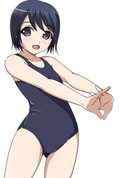 Anime picture 800x1200 with original matsunaga kouyou single tall image looking at viewer blush short hair open mouth blue eyes light erotic black hair simple background white background girl swimsuit one-piece swimsuit school swimsuit